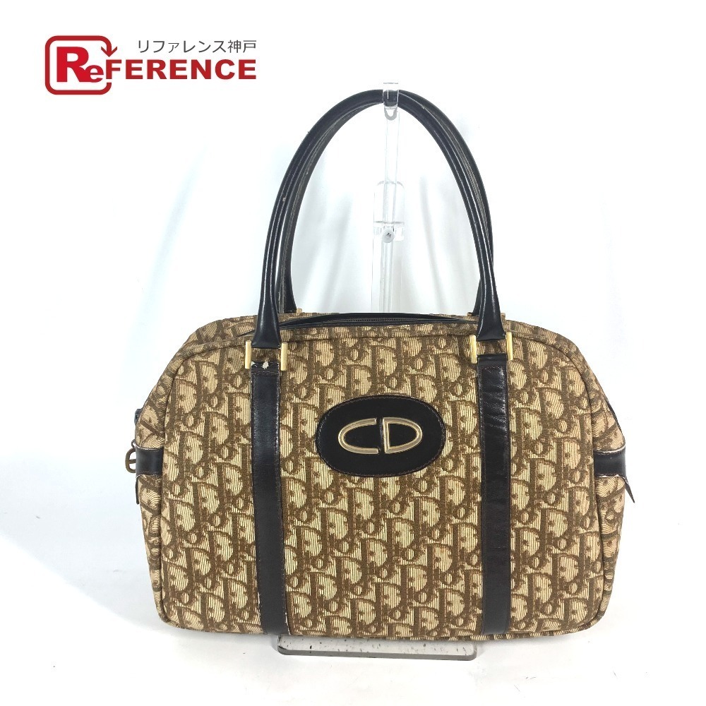 Dior CD Logo Trotter Boston Bag Handbag Leather Canvas Beige